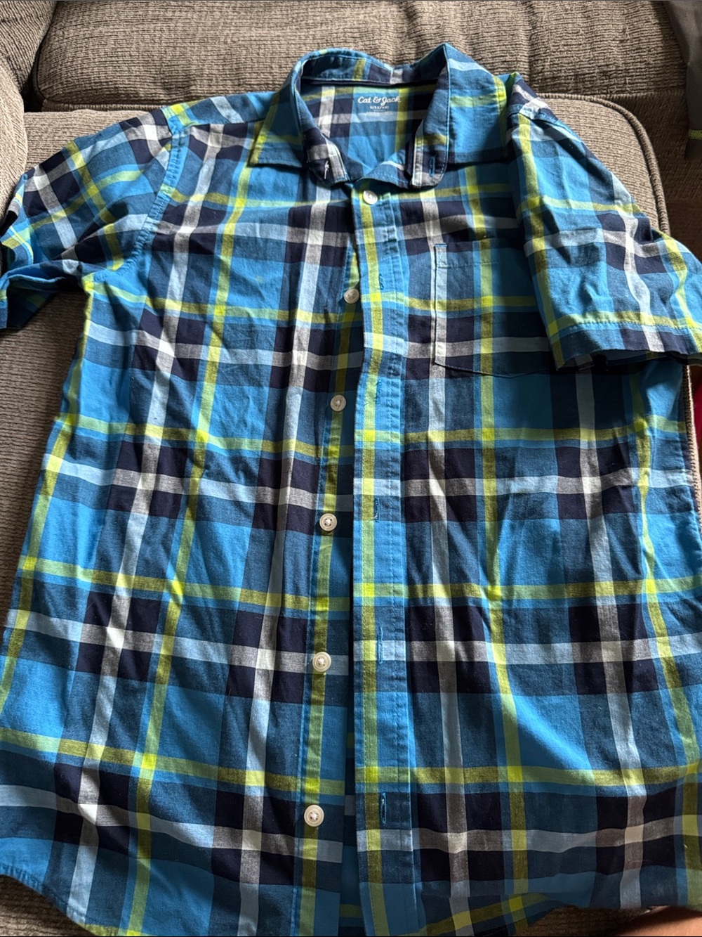 Cat & Jack Blue Plaid Short-Sleeve Button-Down Shirt with Lime Accents